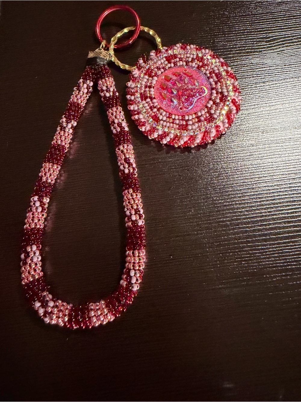 Handmade Pink & Burgundy Seed Bead Wristlet Keychain